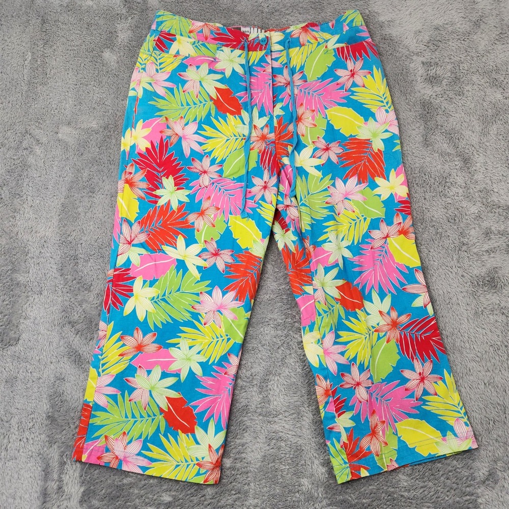 Sag Harbor Pants Womens 18 Blue Tropical Floral Sport Crop Elastic‎ Drawstring